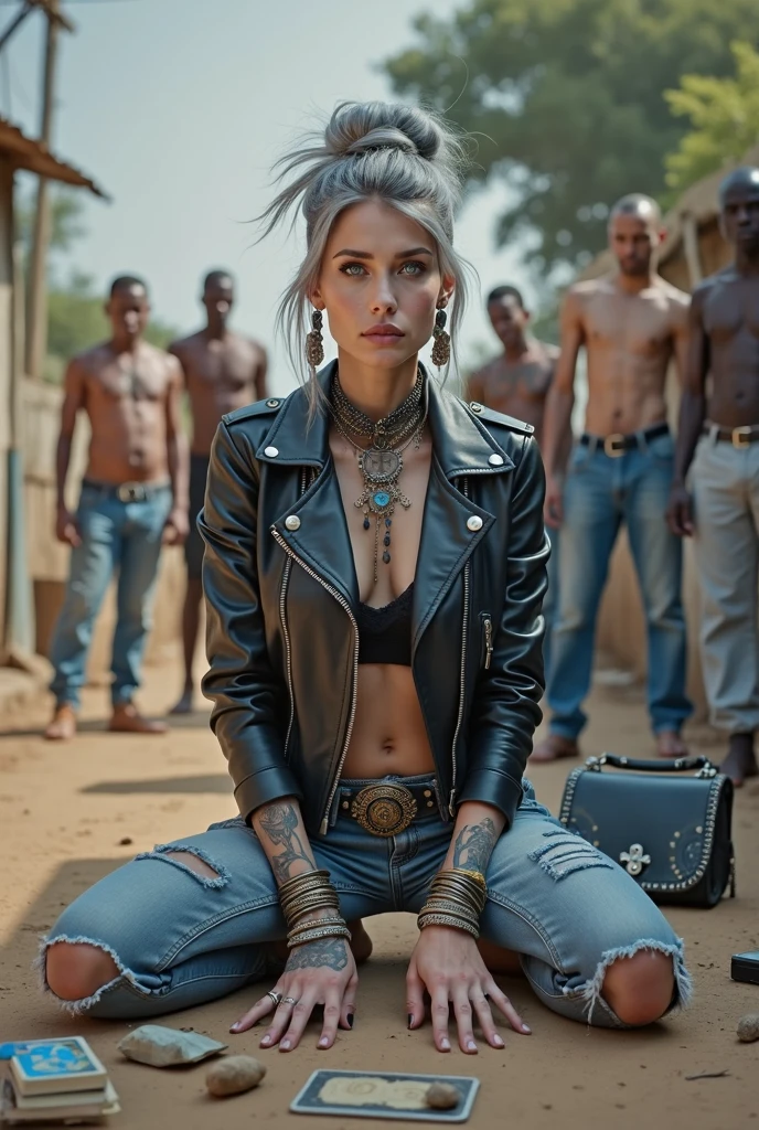 russian milf woman, grey hair (top bun, shaved sides), colourful bandana as headband, with very light blue eyes, extremely pale skin. Wearing tight aged black moto jacket studded collar) with lots of zippers and pins, worn skinny dark blue jeans with patches, wet knees. Barefoot, with bracelets around ankles. Chain around hips like belts. Dirty knees, dirty feet and muddy hands. Wide studded belt. Lots of metallic bracelets, lots of boho pendants and lots of colourful beads collars. Long huge boho. Chains around the hips. Squatting on a puddle with hands on her hips, looking up, chin up, stretching her neck , humble facial expression. Bracelets in ankles and rings in fingers. Black nail polish. studded black leather tote bag with chain on the floor, next to her.. Listening looking up in amazement to somebody speaking to her from the sky, upper teeth visible. Well toned abdominals, thin neck, slim legs and thin arms. Narrow hips Cleavage, stomach, neck, tigh and hands completely covered with tattoos. Dirt street in Kenyan village full of waste. A lot of tanned shirtless fat men in jeans around looking at her. next to her, all her belongings scattered on the floor: tobacco packs, makeup kit, little makeup mirror, studded black leather tote bag, lipstick, wallet, moble etc on the floor