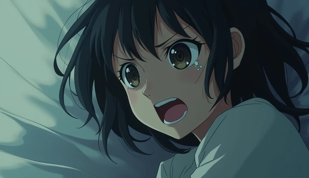 A deeply emotional scene featuring a young woman crying intensely. Her face should clearly express pain and sadness, with tears streaming down her cheeks. The focus should be on her facial expression and the tears, highlighting the depth of her sorrow. The art style should embody the touching and intricate qualities of Studio Ghibli, with detailed attention to her emotions and the tears.