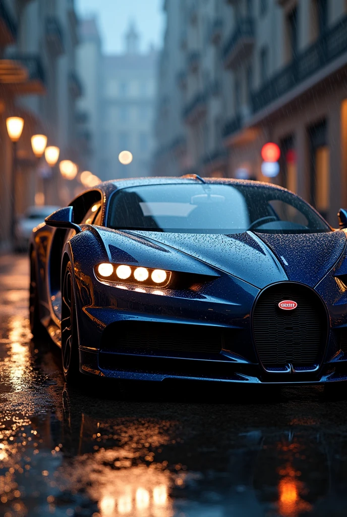 Bugati chiron parked in a rainy day with head lights on