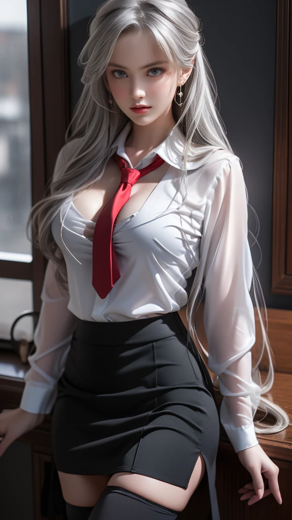 Woman portrait photography, realistic, High resolution, 1 female, alone, Upper body, beautiful eyes, Close your lips, detailed face, gray hair, long hair, collared shirt, visible cleavage, red tie,black skirt, pencil skirt,, stockings