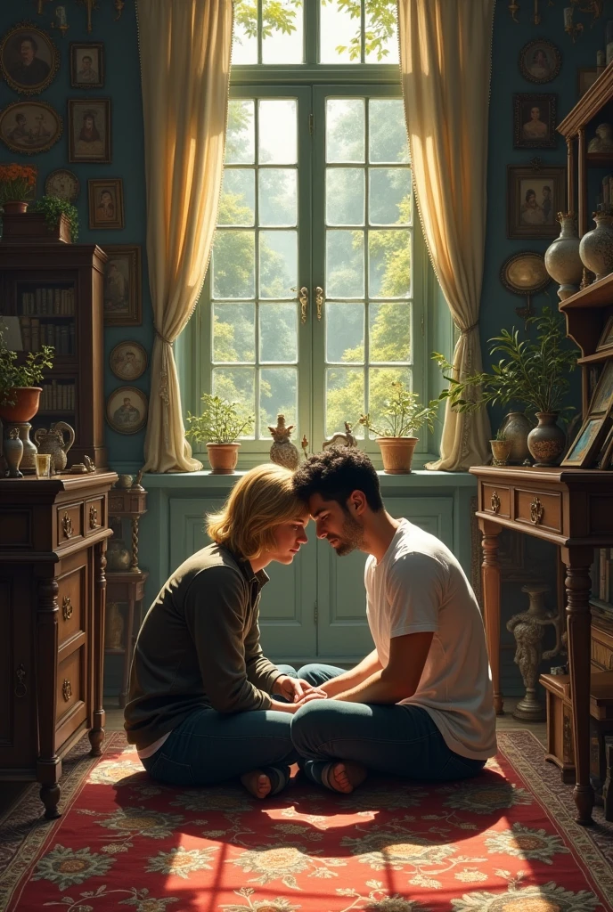 A 2 blond-haired man and a 2 dark-haired man sit together cross-legged on the floor of an antiques house that looks like a large library or a treasure trove of old furniture for sale, in a moment of deep intimacy between them.