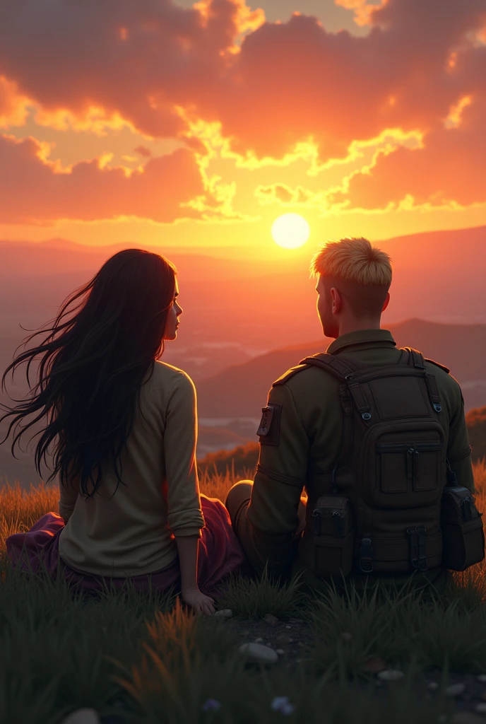 create a scene of a sunset from the top of a hill with a girl with long, dark hair and a strong soldier with blond hair lying on the grass watching the sunset
