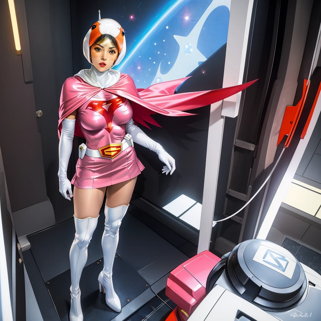 ANI_CLASSIC_jun_gatchaman_ownwaifu,1girl, 15yo,good anatomy, masterpiece, best quality,realistic, hyper realistic, 16k hdr, long hair,breasts,lips,large breasts,lipstick,makeup,gloves,cape,helmet,belt,elbow gloves,white gloves,mask,ultra miniskirt,leotard,spacesuit,white tight overknee highheels boots,pink dress,superhero,bodysuit,cleavage,erected nipples,(standing pose,front view),(spread legs:1.1)