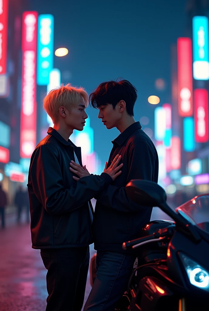 Photorealistic image of Kim Taehyung and Jeon Jungkook against the backdrop of a night city. They look at each other with passion and desire in their eyes.. Behind them stands a black sports motorcycle.. Taehyung has blonde hair, and he is shorter than Jungkook, and he put one hand on Jungkook&#39;s chest, and the second one on a motorcycle. They are gay and they both look cool.
