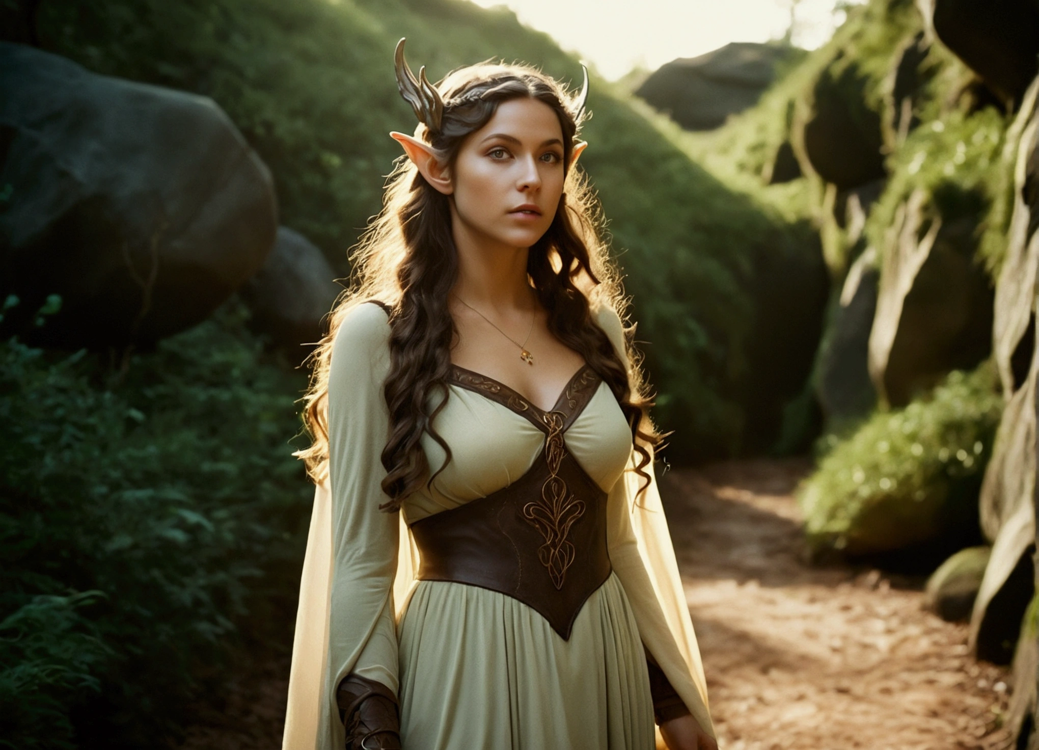 analog film photo, photo of an elven maiden, elf ears, tan complexion, amber eyes, dark hair, long wavy curls, Amazonian stature, toned hourglass figure, busty breasts, narrow waist, full wide hips, big round butt, wearing a loose tunic dress, strolling along a fantasy landscape, RAW Photograph, dslr, soft lighting, high quality, film grain, Fujifilm XT3, detailed skin with visible pores, insane details, masterpiece, 8k, 35mm photograph, dslr, kodachrome, faded film, desaturated, grainy, vintage, Lomography, stained, highly detailed, found footage, close-up shot, elven ears