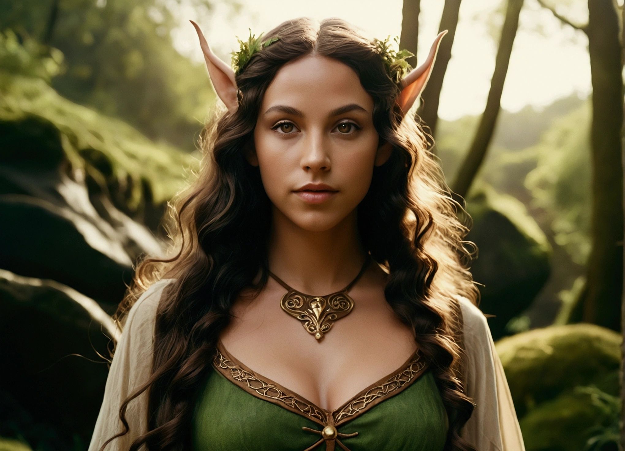 analog film photo, photo of an elven maiden, elf ears, tan complexion, amber eyes, dark hair, long wavy curls, Amazonian stature, toned hourglass figure, busty breasts, narrow waist, full wide hips, big round butt, wearing a loose tunic dress, strolling along a fantasy landscape, RAW Photograph, dslr, soft lighting, high quality, film grain, Fujifilm XT3, detailed skin with visible pores, insane details, masterpiece, 8k, 35mm photograph, dslr, kodachrome, faded film, desaturated, grainy, vintage, Lomography, stained, highly detailed, found footage, close-up shot, elven ears