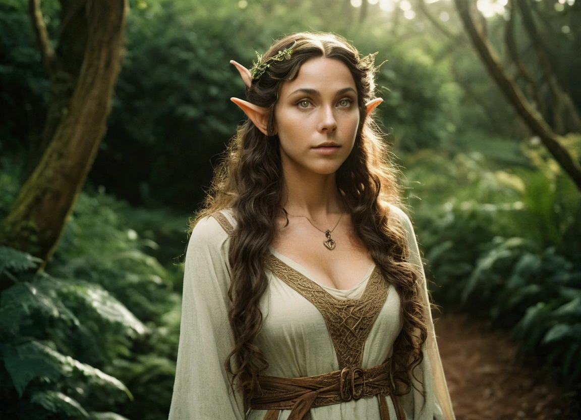 analog film photo, photo of an elven maiden, elf ears, tan complexion, amber eyes, dark hair, long wavy curls, Amazonian stature, toned hourglass figure, busty breasts, narrow waist, full wide hips, big round butt, wearing a loose tunic dress, strolling along a fantasy landscape, RAW Photograph, dslr, soft lighting, high quality, film grain, Fujifilm XT3, detailed skin with visible pores, insane details, masterpiece, 8k, 35mm photograph, dslr, kodachrome, faded film, desaturated, grainy, vintage, Lomography, stained, highly detailed, found footage, close-up shot, elven ears