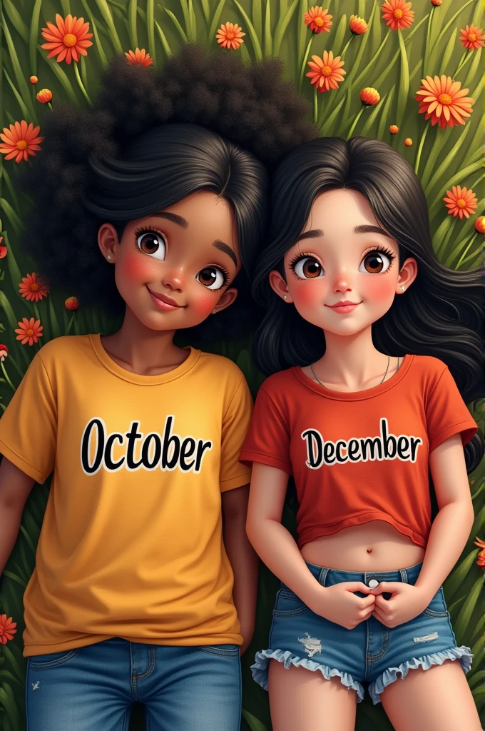 Two bright skin girl bestie lying on beautifull flower and grass.first girl is chubby and wearing October written  t shirt with medium long balck weavy hair and second skinny girl wearing December written t shirt with black long straight hair.