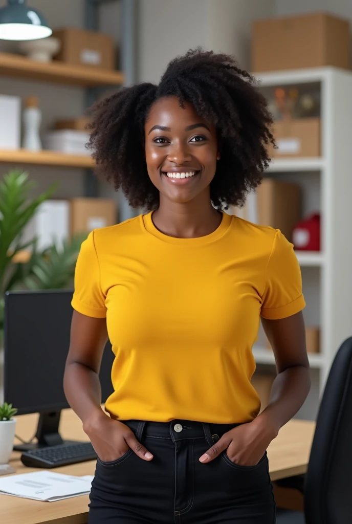 Une chargé africaine des opérations de livraison un peu grosse et  très souriants, habillés en T-shirts jaune sans logo et pantalon noir dans un bureau 