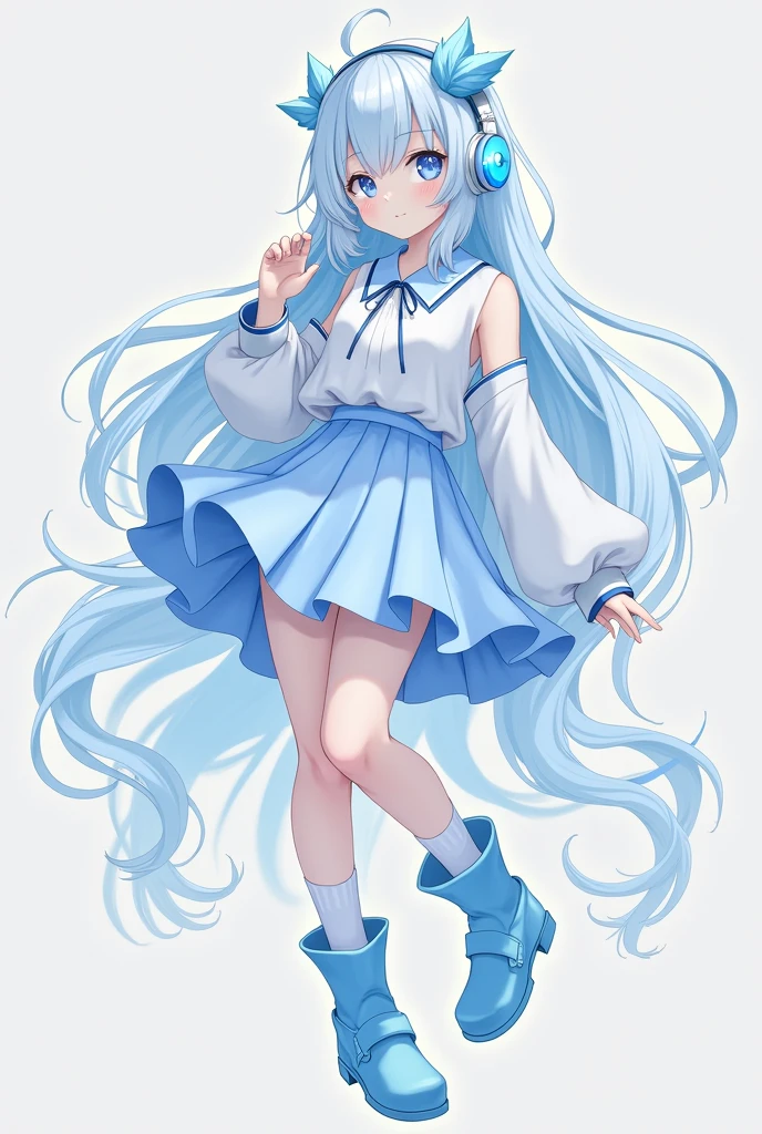 female character,that she is an adult,that only the head is noticeable,with long, light blue hair, light blue and white shirt, with light blue skirt, sky blue and white socks, White skin,blue eyes,sky blue boots, sky blue headphones.