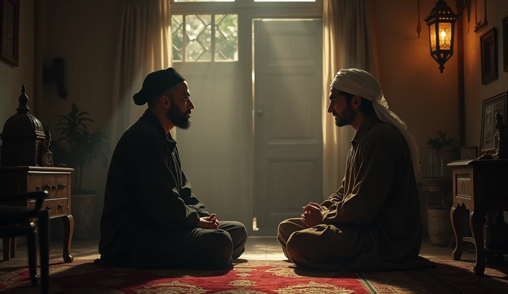 (Islamic horror story title : Shadows in the third part of the night)
Scene 6: Discussion with Ustaz - Setting and Atmosphere : The simple interior of ustaz's house, with a warm and peaceful atmosphere. Soft lighting and room details that convey warmth and simplicity.
- Main Characters : Hassan (Hasan does not wear a cap) and ustaz sat opposite, talk calmly. Focus on the interaction of the two, with a facial expression that reflects peace.