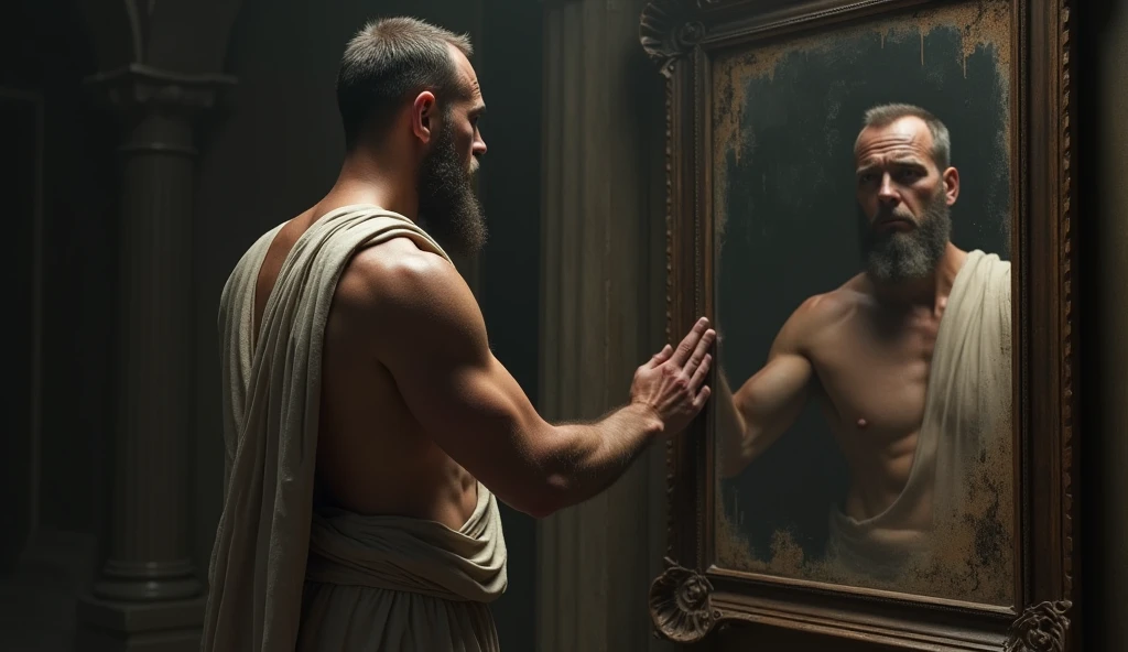 In a 16:9 landscape format, the Stoic philosopher stands before a large, ancient mirror in a darkened room, his reflection showing a weary, pained expression. The room, adorned with elements of Roman architecture, is shadowy, with a single light source illuminating the philosopher and his reflection. His tunic drapes over his well-defined shoulders, subtly revealing his muscular form. The mirror's surface is slightly tarnished, symbolizing the inner conflict. The philosopher's hand hovers near the glass, as if seeking strength from his reflection. The background fades into darkness, leaving the focus on the philosopher and the mirror, representing the struggle to accept the painful truth.
