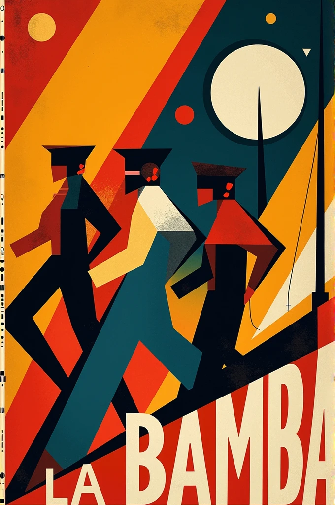 Russian constructivist style poster advertising a party called la bamba