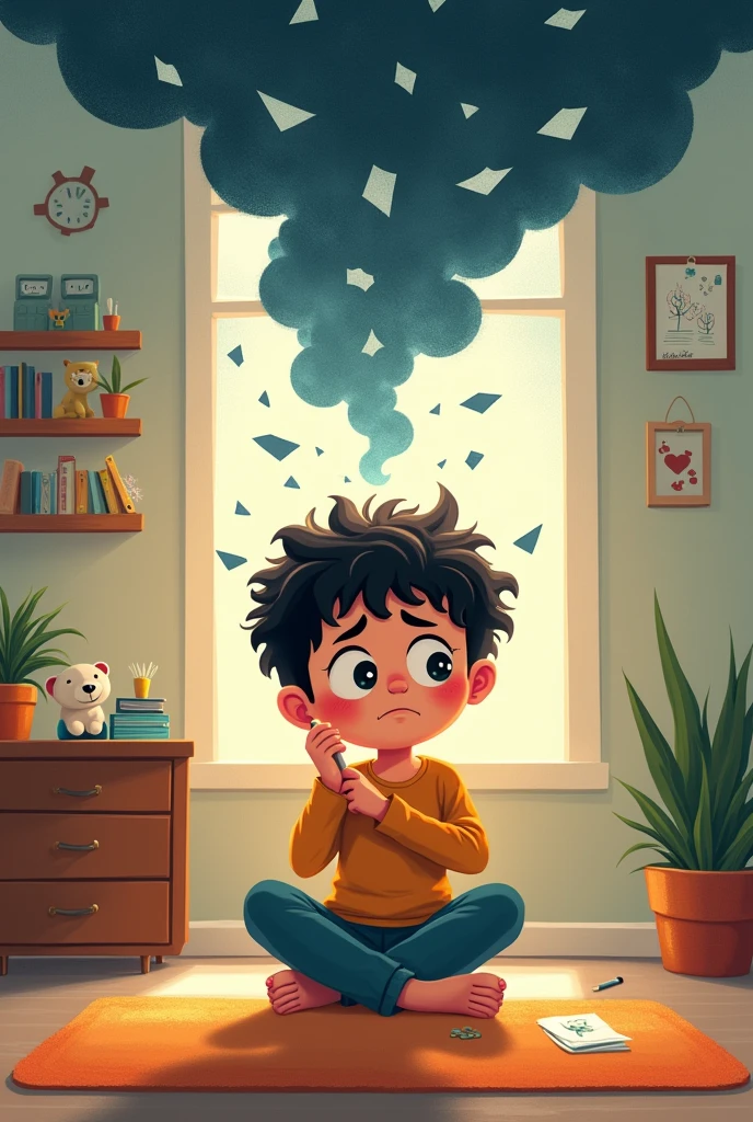 A young child in a psychologist's office, showing signs of anxiety such as fidgeting with a therapy toy, biting their nails, or holding their head in their hands. The child is surrounded by swirling lines, dark clouds, and fragmented shapes symbolizing the weight of worry, fear, and confusion. The office is warm and welcoming, with therapeutic tools like stuffed animals, drawing materials, and a soft rug. The setting emphasizes the child's emotional state while providing a sense of safety and support.






