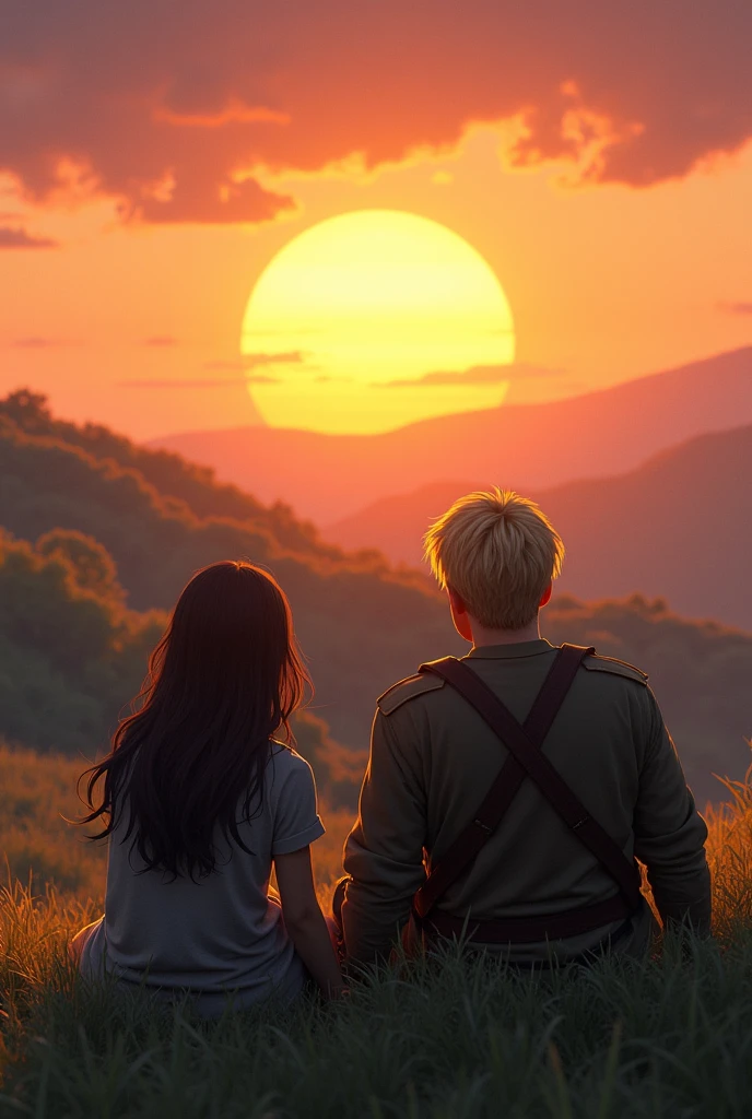 create a scene of a sunset from the top of a hill with a girl with long, dark hair and a strong soldier with blond hair lying on the grass watching the sunset