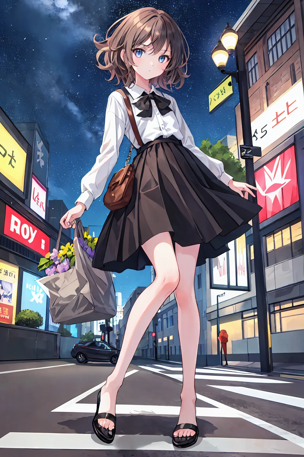 (child),(masterpiece,Highest quality),Brown Hair,Shortcuts,Messy Hair,Slender beauty,A dignified posture,Small chest,Beautiful feet,Her captivating grey-blue eyes shine like stars,beautiful girl,Black blouse,Checked skirt,bag,,pedestrian crossing