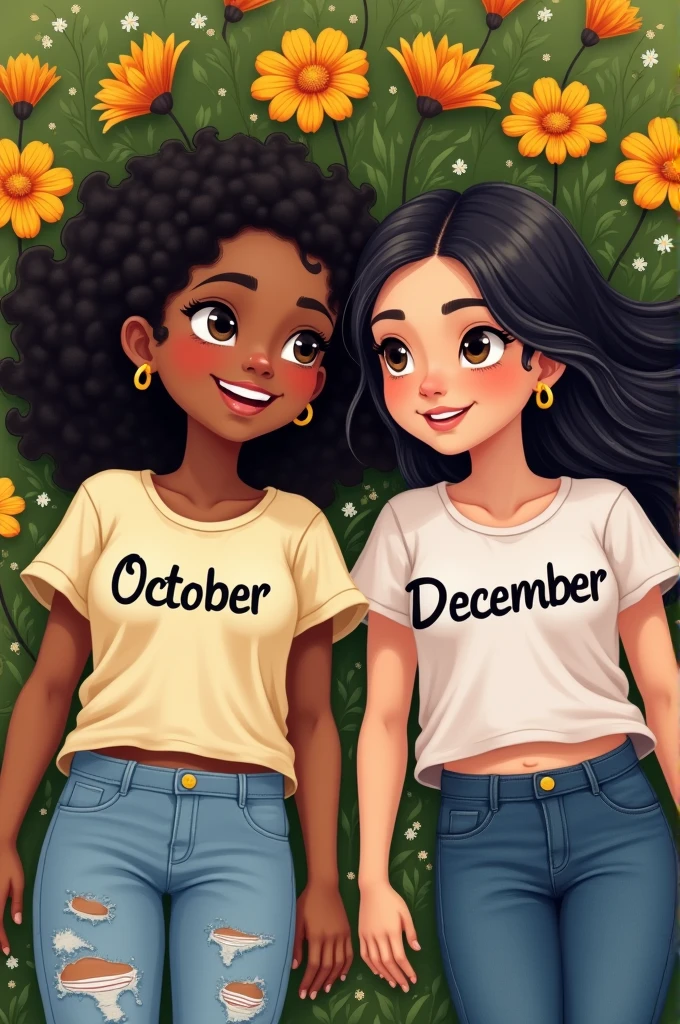 Two bright skin girl bestie lying on beautifull flower and grass.first girl is chubby and wearing October written t shirt with medium long balck weavy hair and second skinny girl wearing December written t shirt with black long straight hair.