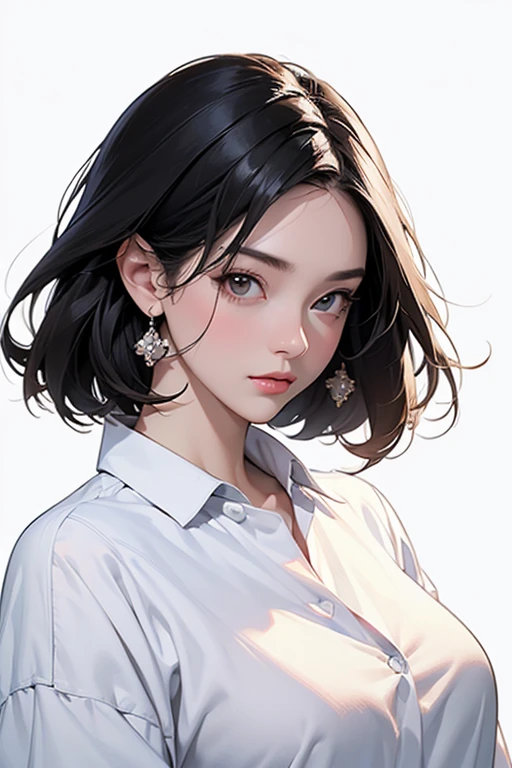 (best quality、masterpiece、high resolution)、4K Art、reality、concept art、portrait、whole body、a woman、40 years old、big bust、black hair、short bob、boyish、beautiful skin、white blouse、((white background))、((blank background))、