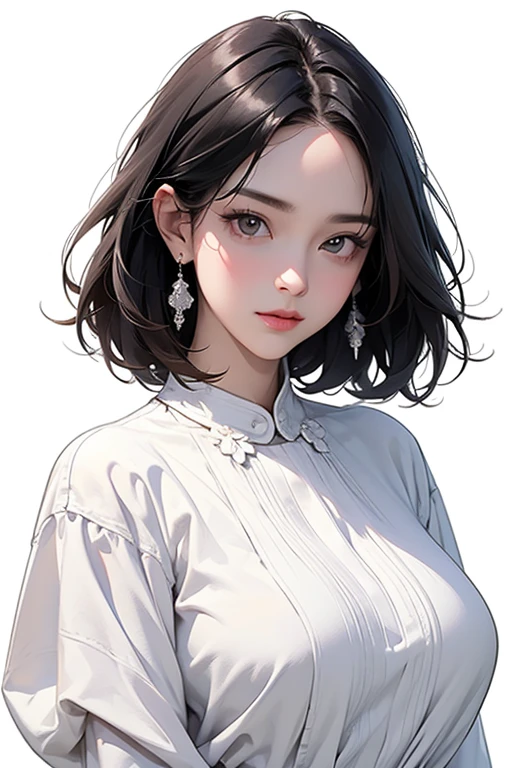 (best quality、masterpiece、high resolution)、4K Art、reality、concept art、portrait、whole body、a woman、40 years old、big bust、black hair、short bob、boyish、beautiful skin、white blouse、((white background))、((blank background))、