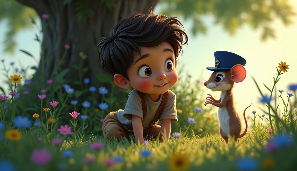 in a sunny day, while investigating the flowers in the garden, a boy spotted a little mouse wearing a blue hat, very elegant for such a small mouse. His little eyes shone with intelligence and curiosity..