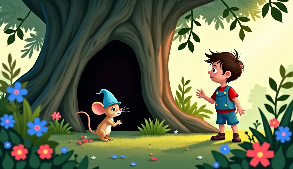 in a sunny day, while investigating the flowers in the garden, a boy spotted a little mouse wearing a blue hat, very elegant for such a small mouse. His little eyes shone with intelligence and curiosity..