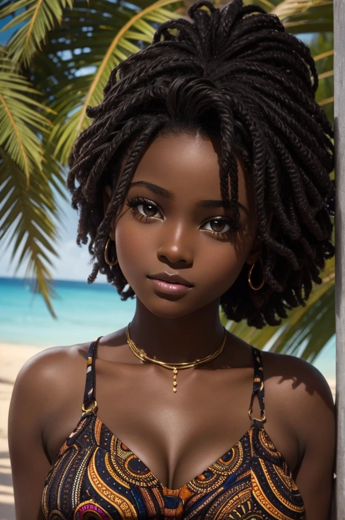 cute hair, African dark chocolate skin, teenager, beautiful face, deepest African ebony, showing big breasts, SFW, upper body focus, African bright hair  beauty 