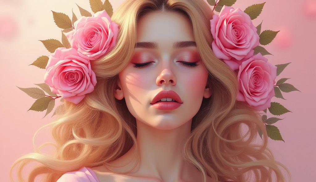 A stunning digital painting of a woman with cascading blonde hair delicately intertwined with vibrant pink roses. Her eyes are gentlyclosed, and her serene expression exudes tranquility. Her makeup is expertly applied, accentuating her eyes and lips, creating a captivating look. The background is a harmonious blend of soft pink and beige tones, evoking a dreamy and ethereal atmosphere. The roses embrace her hair, while leaves scatter across the scene, adding to the overall enchanting feeling., illustration, cinematic, vibrant, photo, paintingLess