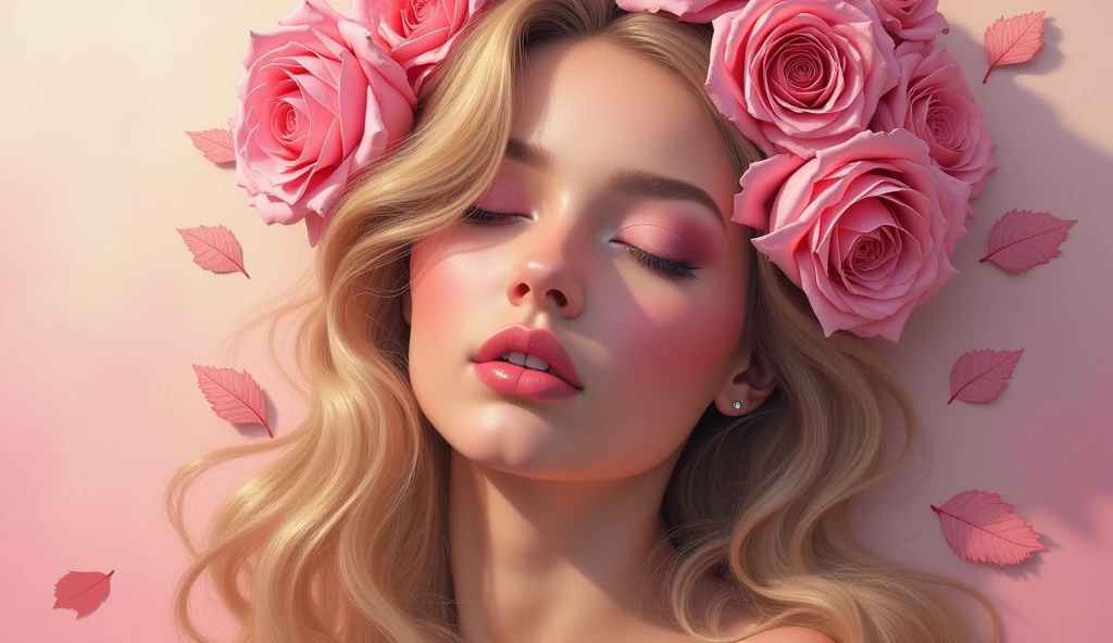A stunning digital painting of a woman with cascading blonde hair delicately intertwined with vibrant pink roses. Her eyes are gentlyclosed, and her serene expression exudes tranquility. Her makeup is expertly applied, accentuating her eyes and lips, creating a captivating look. The background is a harmonious blend of soft pink and beige tones, evoking a dreamy and ethereal atmosphere. The roses embrace her hair, while leaves scatter across the scene, adding to the overall enchanting feeling., illustration, cinematic, vibrant, photo, paintingLess
