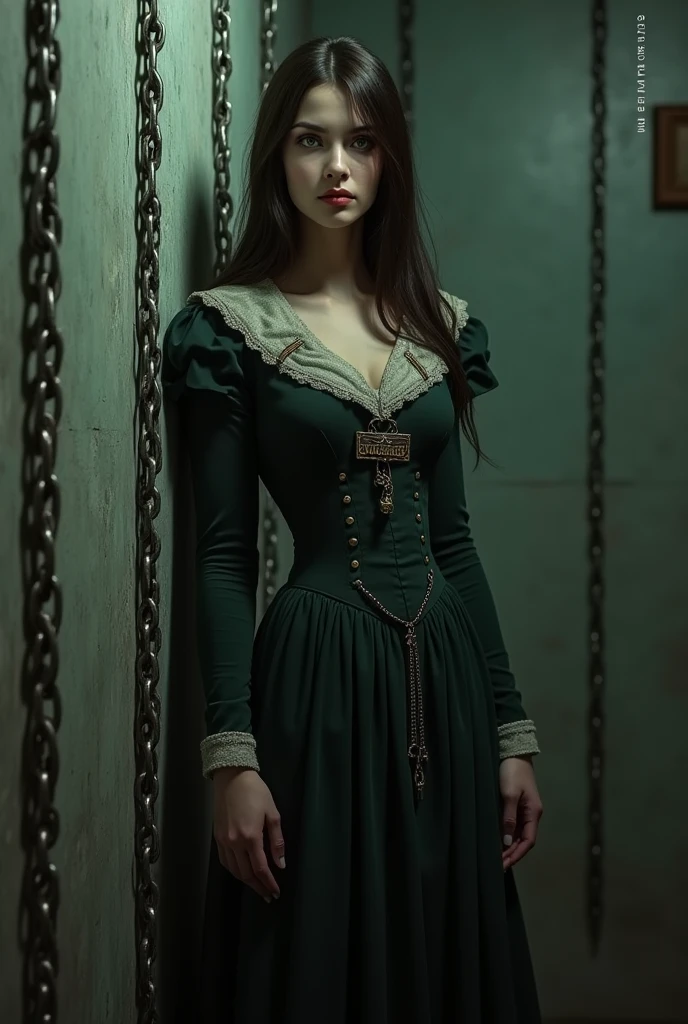 crinoline, victorian 19th century long dress, collar with nametag, chained to wall, dark brown hair, long hair, 155cm tall, woman, 1, freckless, small butt, full body view, slim body, a light green left eye, a deep brown right eye, hairless body, slim but round face, B cup boobs,
