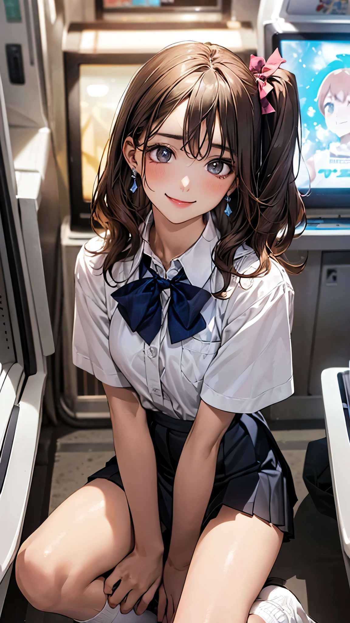 (masterpiece:1.2, highest quality), (realistic photo:1.4), beautiful illustrations, (natural side lighting, movie lighting),
beautiful hair, beautiful face, detailed and beautiful eyes, beautiful clavicle, beautiful body, beautiful breasts, beautiful thighs, beautiful feet, beautiful fingers,
looking at the viewer, 1 girl, high school girl, (perfect anatomy, anatomically correct, super detailed skin), cute symmetrical face, , perfect face, perfect eyes,
(middle hair, one side up, light brown hair), swept bangs, grey eyes, long eye lasher, (medium breasts, seductive thighs), perfect body, shiny skin, slender,
(short sleeve white collared shirt, navy pleated mini skirt, break blue bow tie), break white socks, earrings, break
(beautiful scenery), evening, (game_center, scenery, arcade cabinet, chair, poster (object), indoors), (sitting chair), (lovely smile, upper eye),