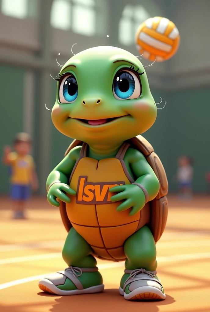 Waku, an adorable turtle with vibrant green skin and a rich brown shell, looks up with bright blue eyes shining with excitement, as if celebrating a triumphant spike, stands on a modern indoor volleyball court, prepared for volleyball training, wearing a small tank top with a stylized orange "lsvm" logo on the chest, her tiny tennis shoes tied up and ready for the next serve with a volleyball in her hands, a few strands of sweat-soaked hair sticking together to your front, capturing the essence of your joyful and competitive spirit, with soft, warm lighting that casts a comforting glow on the overall scene.