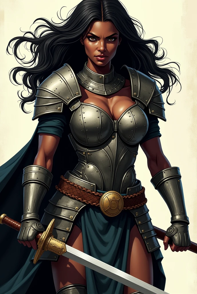 traditional comic art D&D Black woman Warrior black hair long wavy hair heavy armor covering entire body Strong body short sword No background heroic poses Dramatic light and shadow Realistic detail High contrast Two-tone lighting traditional comic book art Less realism
