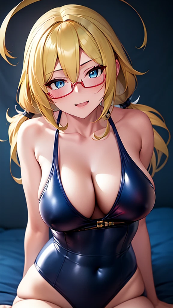 、Kantai Collection　I-8、Blonde、tall、 matureied women, Blue shiny latex school swimsuit、邪evilな女戦闘員, Pink and black background, Pitch-dark bedroom, Dark Theme, evil, lure, excited, A condescending grin, Lightly open your mouth、Sexy pose, Ur Body,