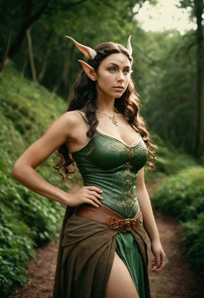 analog film photo, photo of an elven maiden, elf ears, tan complexion, amber eyes, dark hair, long wavy curls, Amazonian stature, toned hourglass figure, busty breasts, narrow waist, full wide hips, big round butt, wearing a tank top and a battle skirt, strolling along a fantasy landscape, RAW Photograph, dslr, soft lighting, high quality, film grain, Fujifilm XT3, detailed skin with visible pores, insane details, masterpiece, 8k, 35mm photograph, dslr, kodachrome, faded film, desaturated, grainy, vintage, Lomography, stained, highly detailed, found footage, close-up shot, elven ears