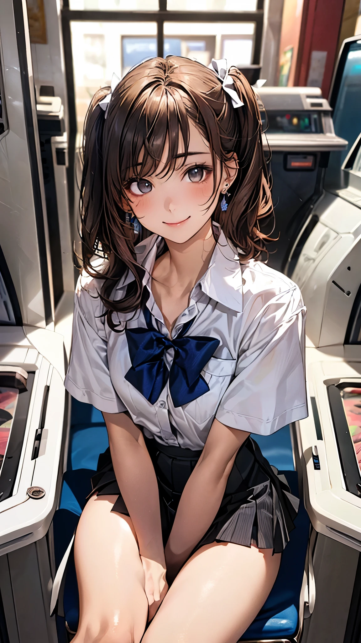 (masterpiece:1.2, highest quality), (realistic photo:1.4), beautiful illustrations, (natural side lighting, movie lighting),
beautiful hair, beautiful face, detailed and beautiful eyes, beautiful clavicle, beautiful body, beautiful breasts, beautiful thighs, beautiful feet, beautiful fingers,
looking at the viewer, 1 girl, high school girl, (perfect anatomy, anatomically correct, super detailed skin), cute symmetrical face, baby face, perfect face, perfect eyes,
(middle hair, one side up, light brown hair), swept bangs, grey eyes, long eye lasher, (medium breasts, seductive thighs), perfect body, shiny skin, slender,
(short sleeve white collared shirt, navy pleated mini skirt, break blue bow tie), break white socks, earrings, break
(beautiful scenery), evening, (game_center, scenery, arcade cabinet, chair, poster (object), indoors), (sitting chair), (lovely smile, upper eye),