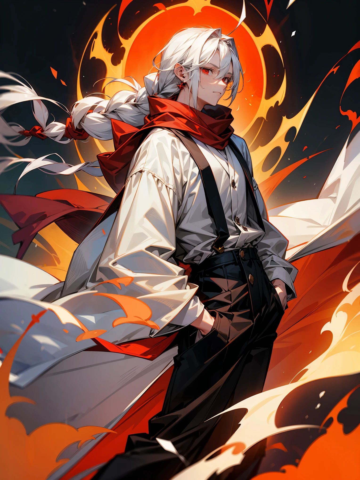 1male, Adult, Long White Hair, White Baggy Long Sleeve Shirt, Baggy Black Pants, Red Eyes, Red Scarf, Earring, Masculine, Single Hair Braid, Surrounded By Fire