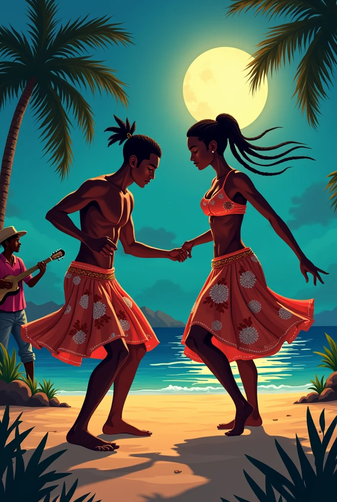 Deux joueurs de capoeira, ils sont noirs, il y a un joueur de kâ. Digital art, cartoon graphism. La scène se passe dans la caraïbe le soir, au clair de lune