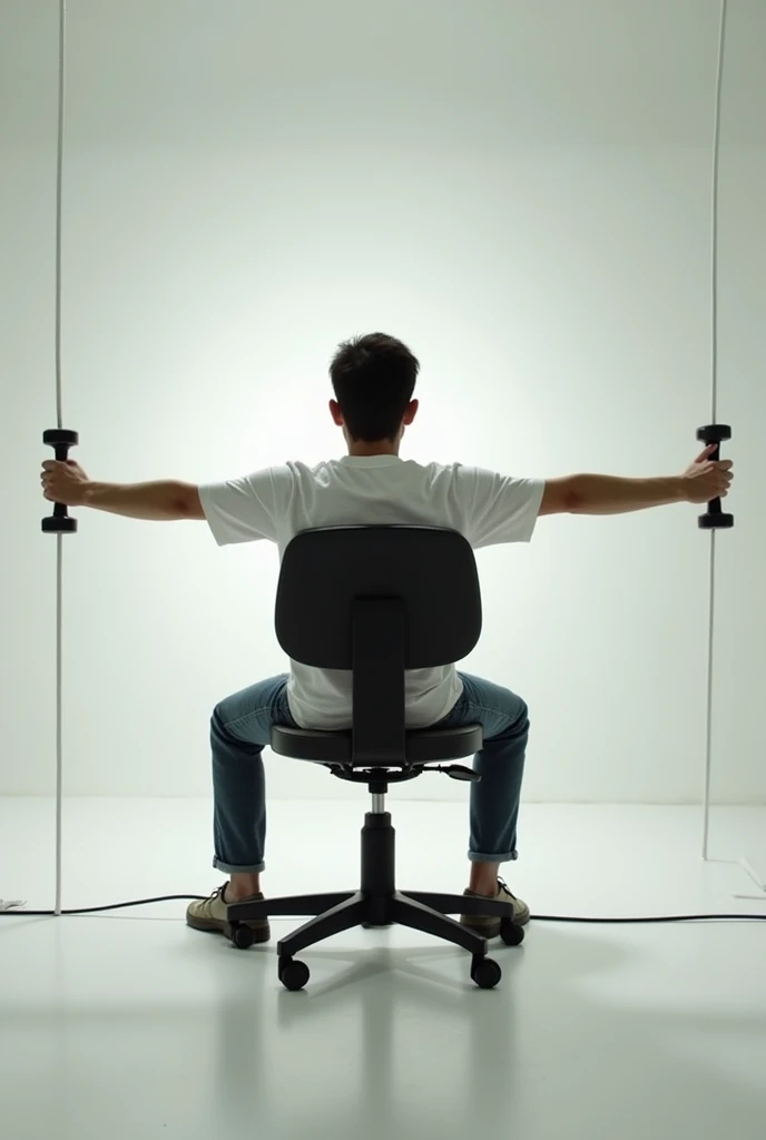 Create an image of the assembly used in the physical experiment of conservation of angular motion which consists of a chair without a rotating backrest., A person sits on this chair while holding two small dumbbells in each hand and with arms stretched out.