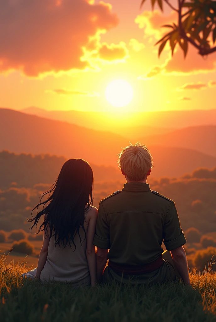 create a scene of a sunset from the top of a hill with a girl with long, dark hair and a strong soldier with blond hair lying on the grass watching the sunset