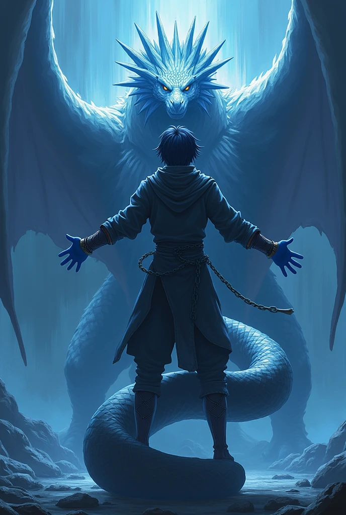 The image is anime style with shadows and dim lights, anime style although somewhat adult and dark, It shows a young snake man, naga, mermaid of approximately 20 years old, who wears light chain mail armor, has medium length hair, tied in a short tail. He has no feet, He just stands on his tail. His skin is blue. He is opening his arms, Behind him, A huge ice dragon stands.