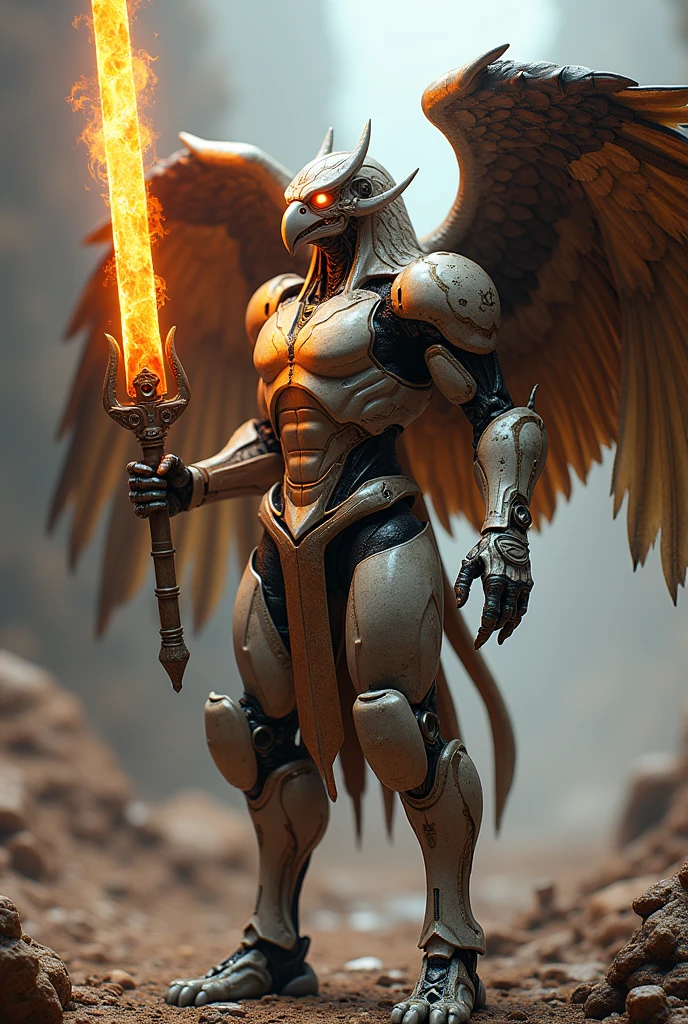 Half human half tobot carrying a fire sword with eagle wings on his back. 3D