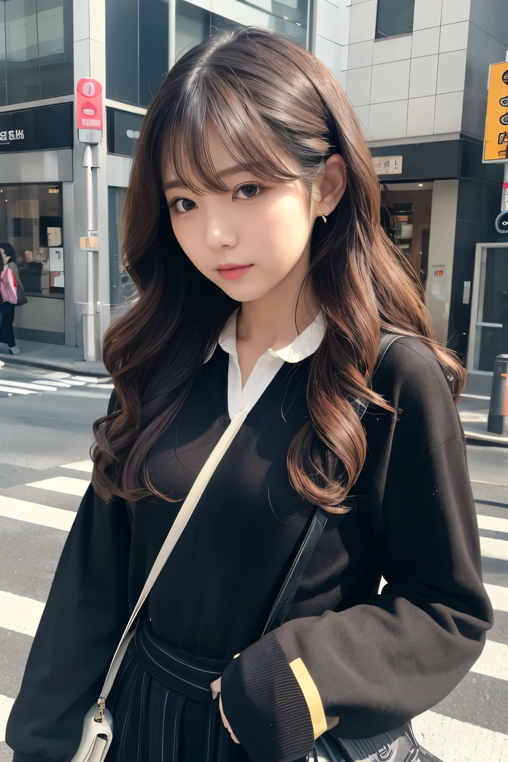 High resolution, Anatomically correct, solo,woman、Tokyo、Wavy Hair、black、Long sleeve、ribbon, Long eyelashes、bag