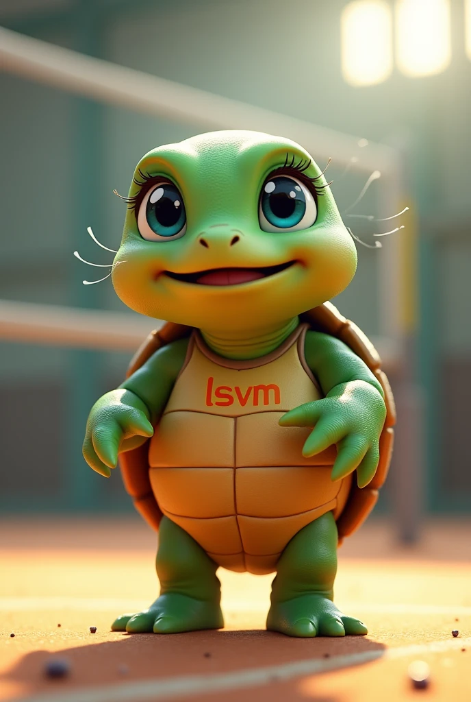 Waku, an adorable turtle with vibrant green skin and a rich brown shell, looks up with bright blue eyes shining with excitement, as if celebrating a triumphant spike, stands on a modern indoor volleyball court, prepared for volleyball training, wearing a small tank top with a stylized orange "lsvm" logo on the chest, her tiny tennis shoes tied up and ready for the next serve with a volleyball in her hands, a few strands of sweat-soaked hair sticking together to your front, capturing the essence of your joyful and competitive spirit, with soft, warm lighting that casts a comforting glow on the overall scene.