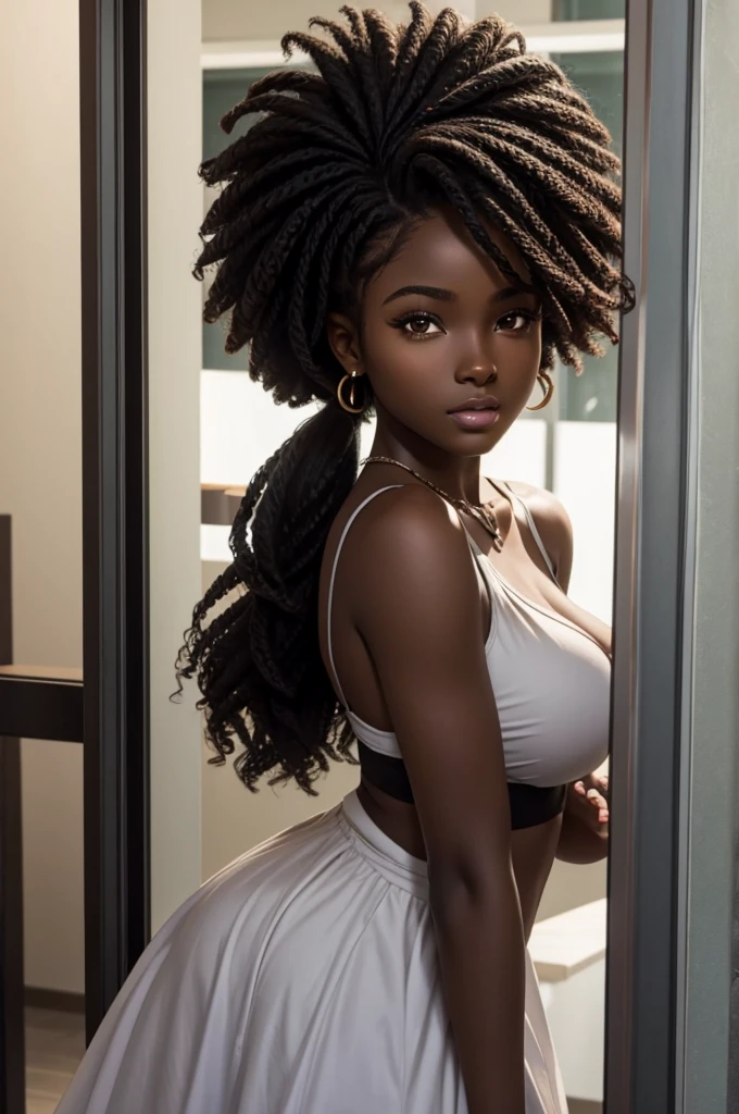 cute hair, African dark chocolate skin, teenager, beautiful face, deepest African ebony, showing big breasts, SFW, upper body focus, African bright hair  beauty 