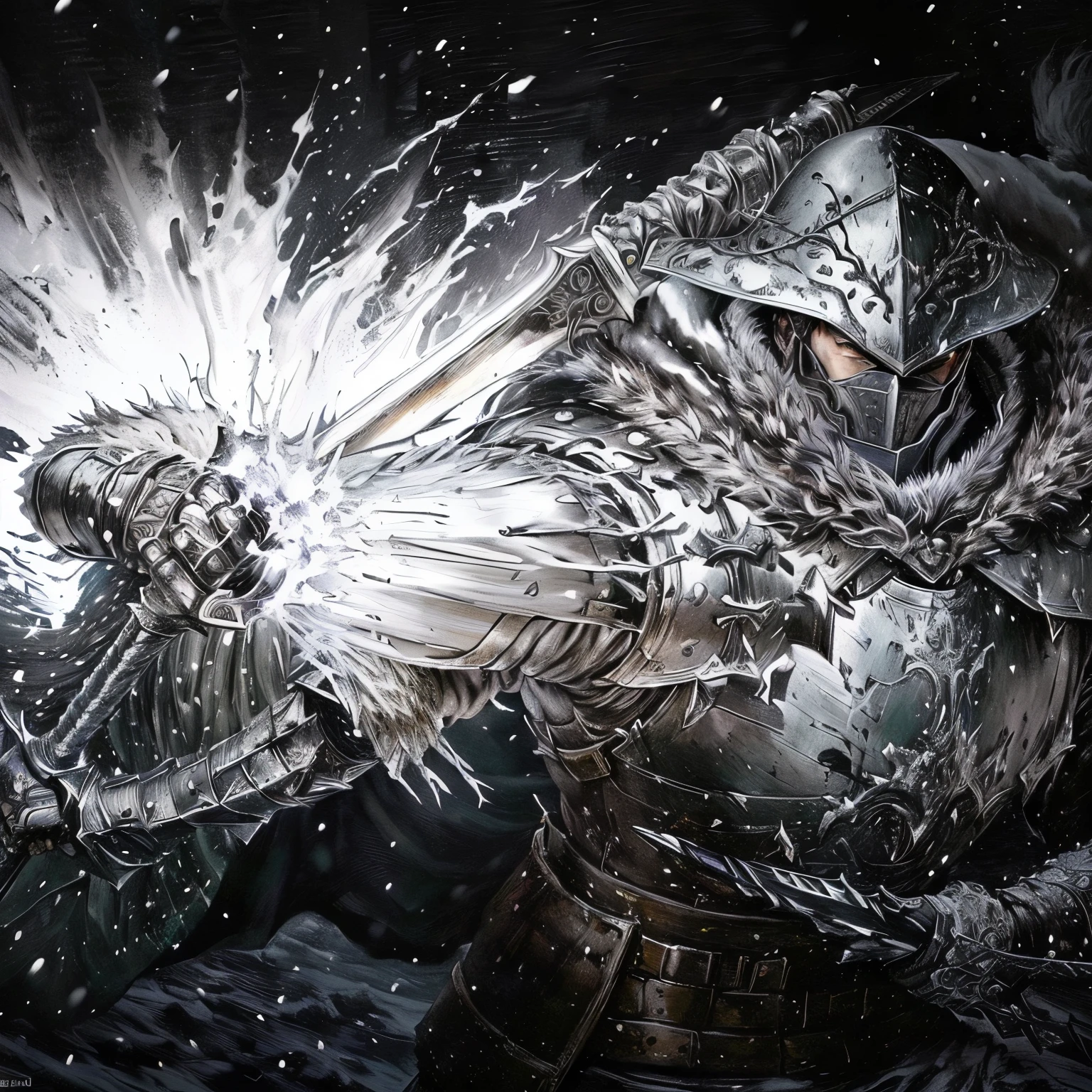 a drawing of a man holding a sword in the snow, in berserk manga, berserk art style, dark souls art, dark souls art style, berserk manga, from berserk, darksouls concept art, dark souls concept art, berserk guts, epic graphic novel wallpaper, hyper detailed manga drawing, green neon, berserk style, guts from berserk