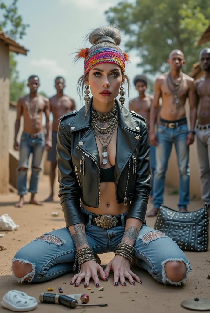 russian milf woman, grey hair (top bun, shaved sides), colourful bandana as headband, with very light blue eyes, extremely pale skin. Wearing tight aged black moto jacket studded collar) with lots of zippers and pins, worn skinny dark blue jeans with patches, wet knees. Barefoot, with bracelets around ankles. Chain around hips like belts. Dirty knees, dirty feet and muddy hands. Wide studded belt. Lots of metallic bracelets, lots of boho pendants and lots of colourful beads collars. Long huge boho. Chains around the hips. Squatting on a puddle with hands on her hips, looking up, chin up, stretching her neck , humble facial expression. Bracelets in ankles and rings in fingers. Black nail polish. studded black leather tote bag with chain on the floor, next to her.. Listening looking up in amazement to somebody speaking to her from the sky, upper teeth visible. Well toned abdominals, thin neck, slim legs and thin arms. Narrow hips Cleavage, stomach, neck, tigh and hands completely covered with tattoos. Dirt street in Kenyan village full of waste. A lot of tanned shirtless fat men in jeans around looking at her. next to her, all her belongings scattered on the floor: tobacco packs, makeup kit, little makeup mirror, studded black leather tote bag, lipstick, wallet, moble etc on the floor