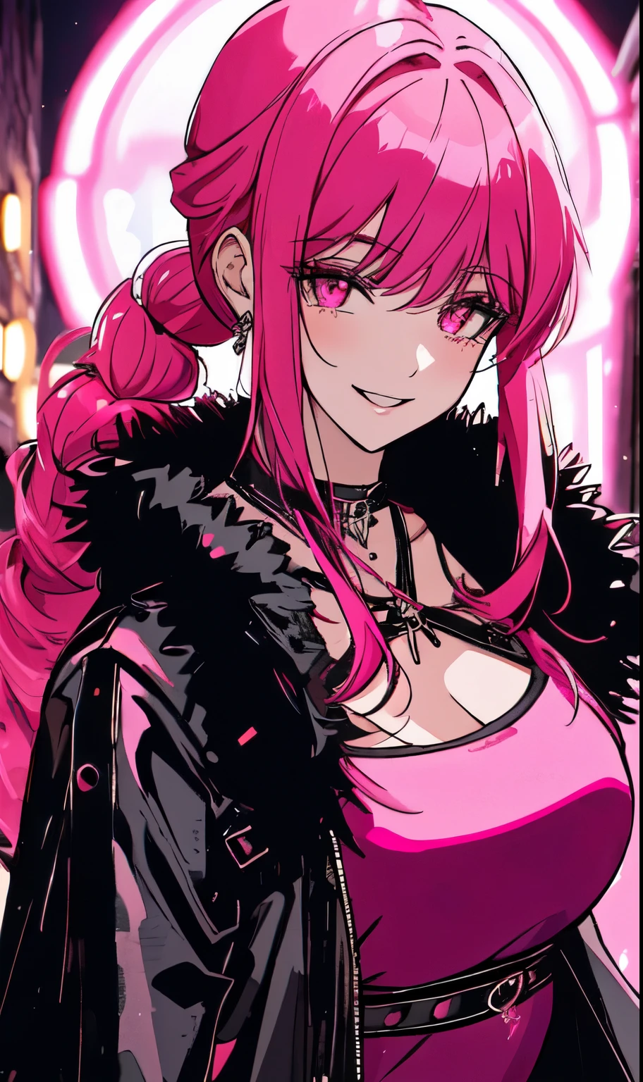 A beautiful gothic woman with long hot pink hair (haircut with bangs and ponytail), Latin eyes, smiling sweetly, wearing a stylish cyberpunk neon pink dress and a long fur jacket, Empty background of candlelit medieval street