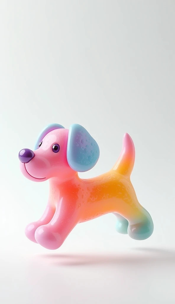 Bright colored frosted glass 3D dog floats on a white background, organic shapes rendered in cinema4d, polymer clay textures, fun, subtle pastel tones, stop-motion animation, minimalistic, dynamic composition