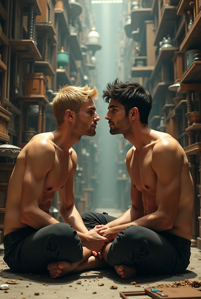 A 2 blond-haired man and a 2 dark-haired man sit together cross-legged on the floor of an antiques house that looks like a large library or a junkyard with old furniture for sale, in a moment of deep intimacy between them. Neither man has a beard.