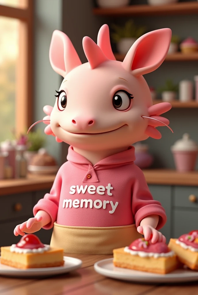 Create 3 d, Pixar style drawing of a pastry chef axolotl with his pink blouse that says Sweet Memory, It is a pastry and catering business